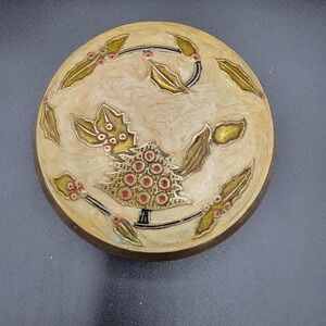 Vintage Cloisonne Brass Enamel Bowl Dish Holly Berries Christmas Tree Trinket 4"